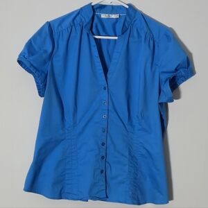 Ricki's Bright Cyan Blue Short Sleeve V-Neck Button Front Blouse Office Size 16